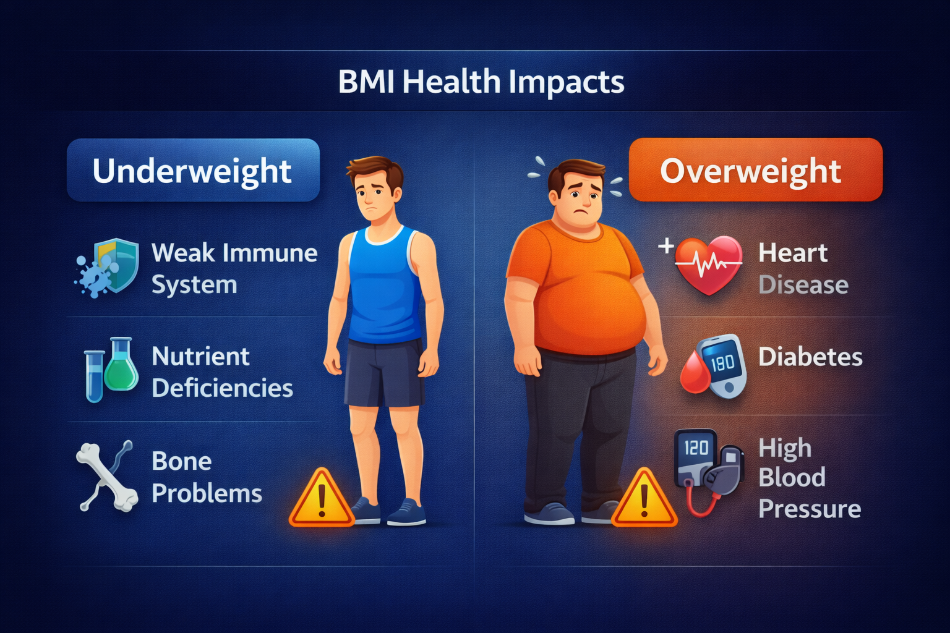 Illustration of BMI health impacts for overweight underweight risks with chart